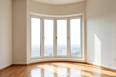 Empty, clean apartment with hardwood floors and bright windows